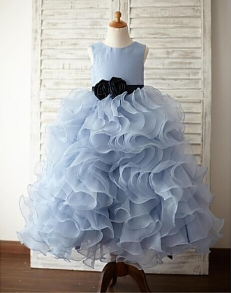 Ruffle Light Blue Princess Gowns Girl Birthday Wedding Party Formal Flower Girls Dress Baby Pageant Dresses 193