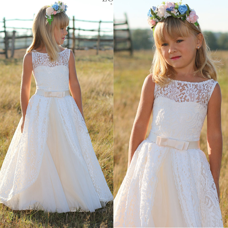 Long Sleeve Princess Flower Girl Dresses Lace with Bow Kids Birthday Bridesmaids