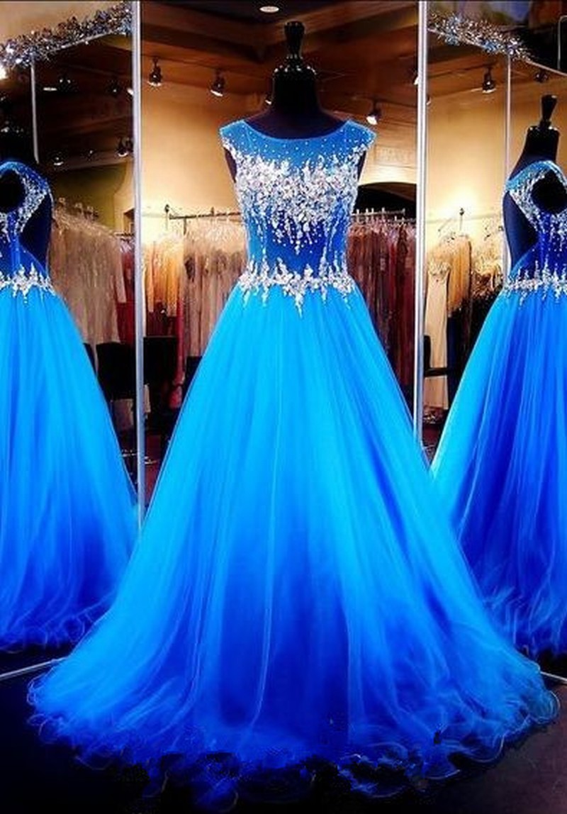 Royal Blue Crystals Luxury Prom Dresses Capped Sleeves Sheer Hollow Back A-line Pageant Dresses