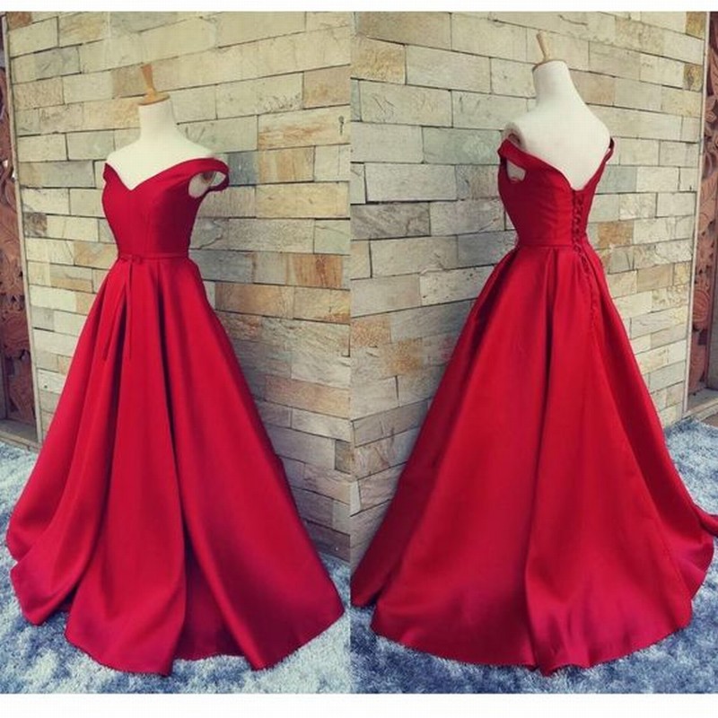 Simple Red Prom Dresses V Neck Off The Shoulder Satin Custom Made Backless Corset Evening Gowns Formal Dresses Real Image-in Evening Dresses