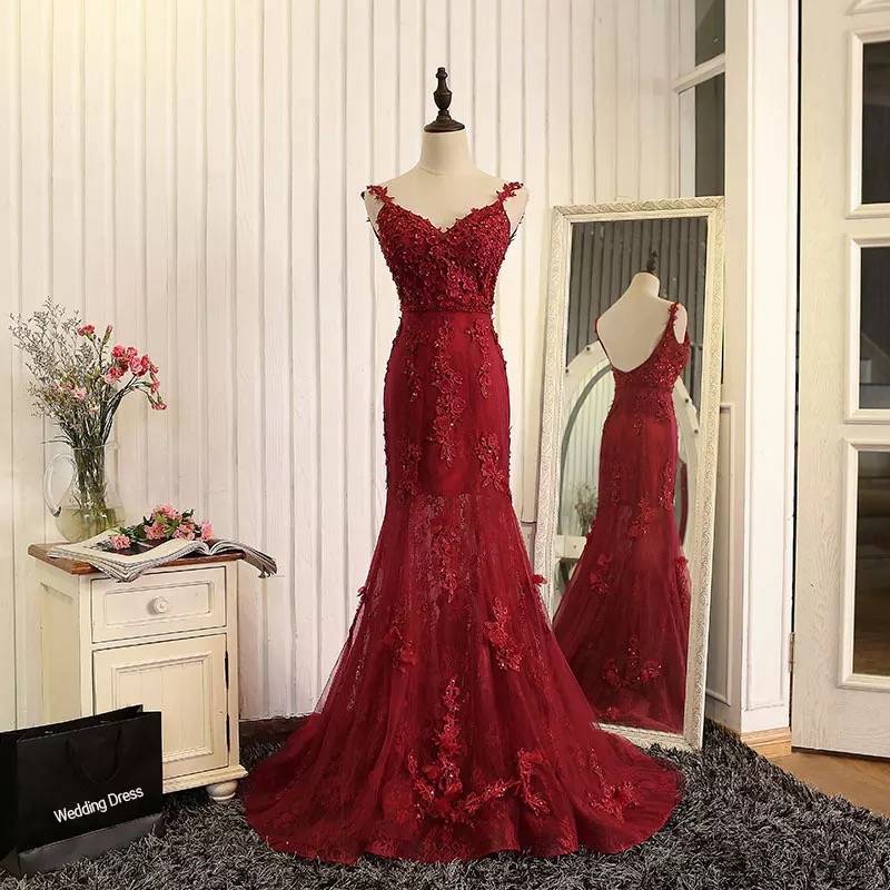 Prom Dress Sexy Elegant Prom Dresses Wine Red Evening Dress Mermaid Evening Gowns Burgundy Prom Dress Lace Prom Dress High Quality Graduation