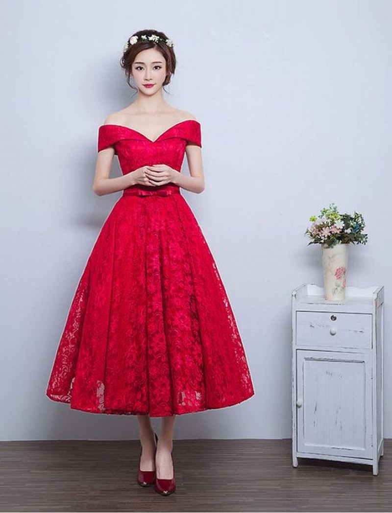 Custom Made Red Lace Prom Dress Sexy Off The Shoulder Evening Dress Ankle Length Evening Dress Sleeveless Party Dress