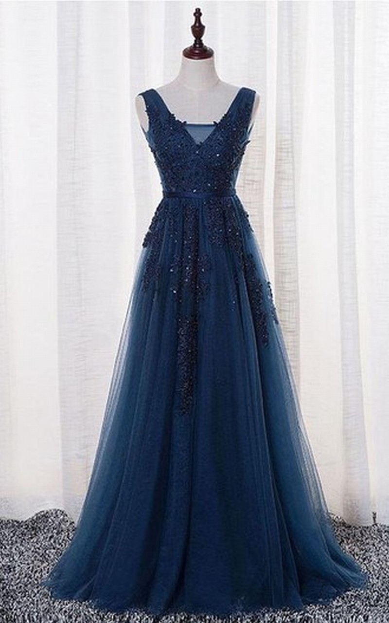 Elegant Tulle Prom Dress Lace Prom Dress Navy Blue Long Prom Dress With Open Back Formal Dresses Woman Evening Dress