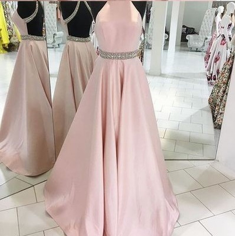 Prom Dress Crystals Beaded Bellt Prom Dress Long Prom Dress Pink Backless Prom Dress Halter Prom Dress Evening Dress