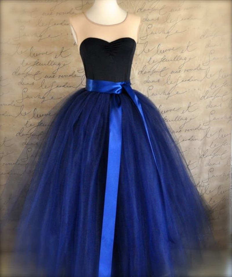 Blue Tulle Lined With Black Bridal Satin Woman Dress Backless Homecoming Dress Party Dress Full Length Tulle Dress Lovely Prom Homecoming Dress