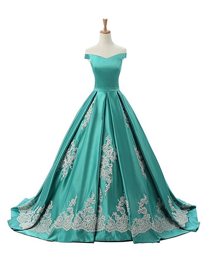 Green Off The Shoulder A Line Prom Dress Princess Prom Gown With Lace Appliques Prom Gowns