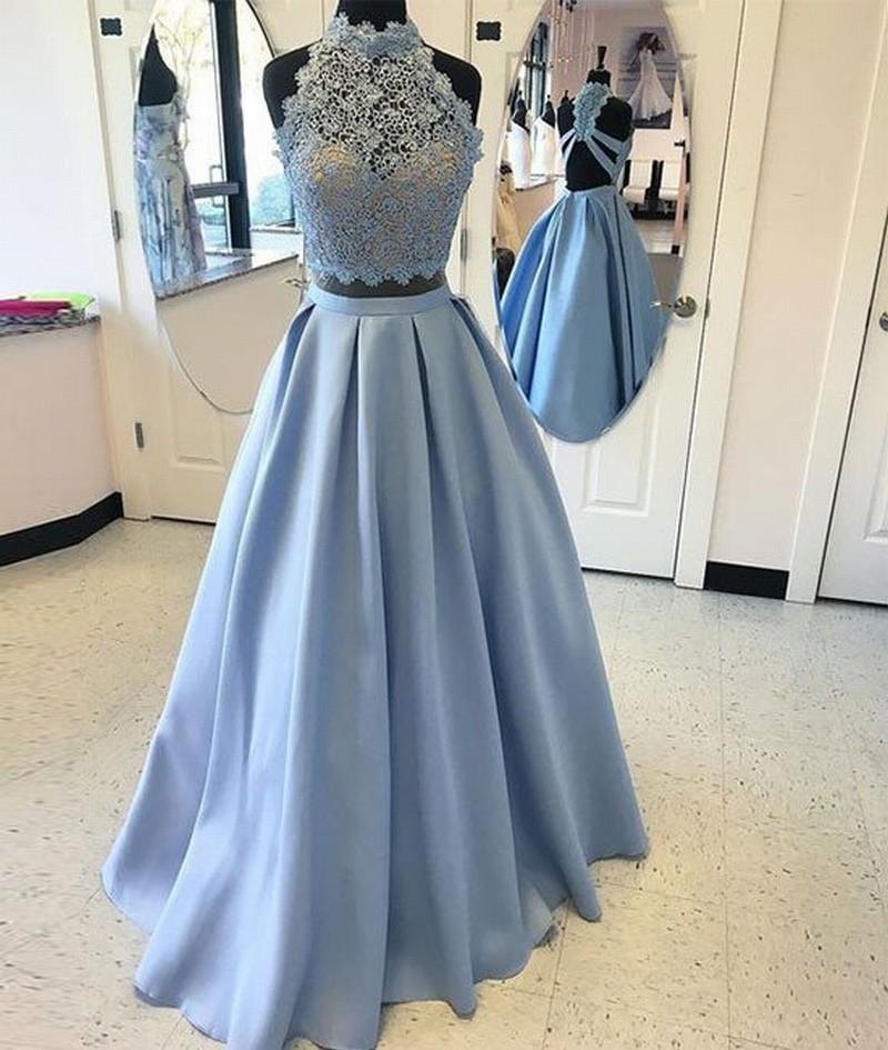 Blue Two Pieces Lace Long Prom Dress High Neck Prom Dress A-line Prom Dress Backless Prom Party Dress Blue Lace Evening Dress 2 Pieces Prom