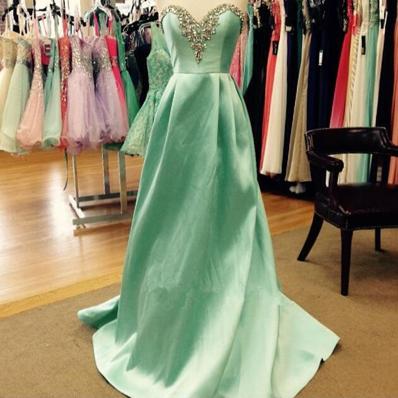 Long Green Satin Prom Dresses Sweetheart Neck Crystals Party
