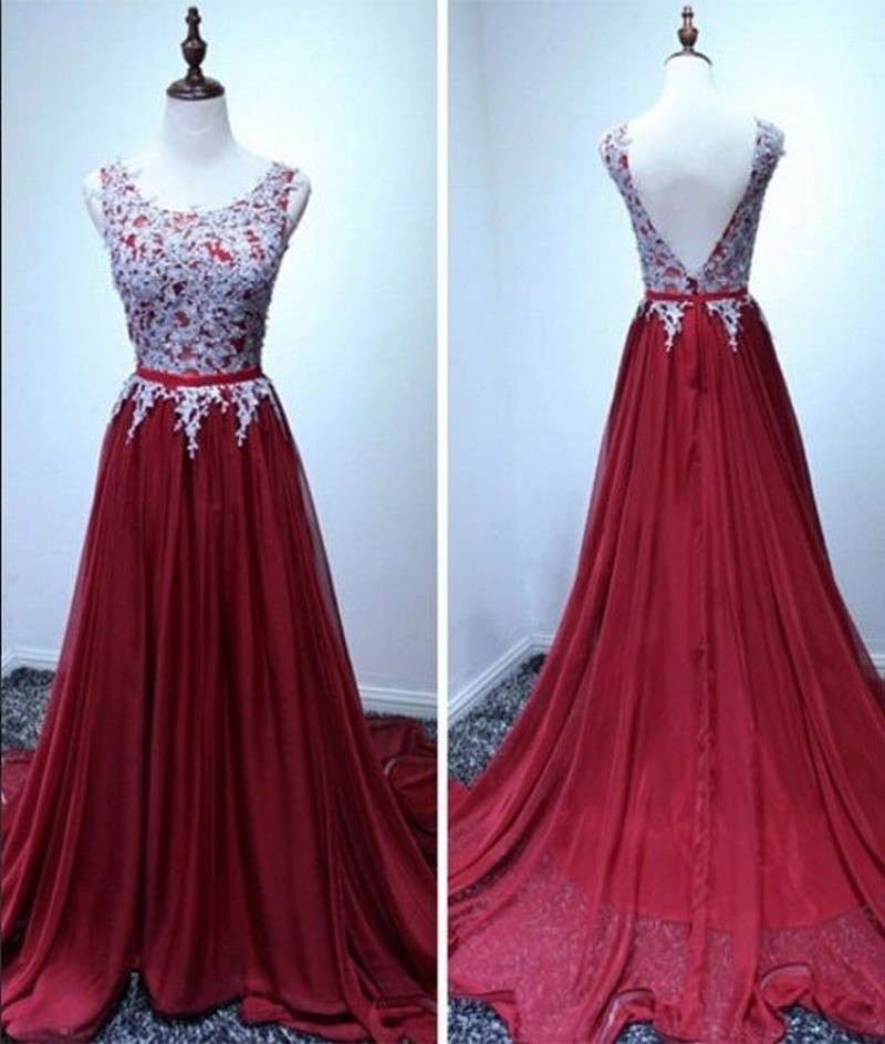 Dark Red Chiffon Prom Dresses Lace Prom Dresses Scoop Neck Women Party Dresses