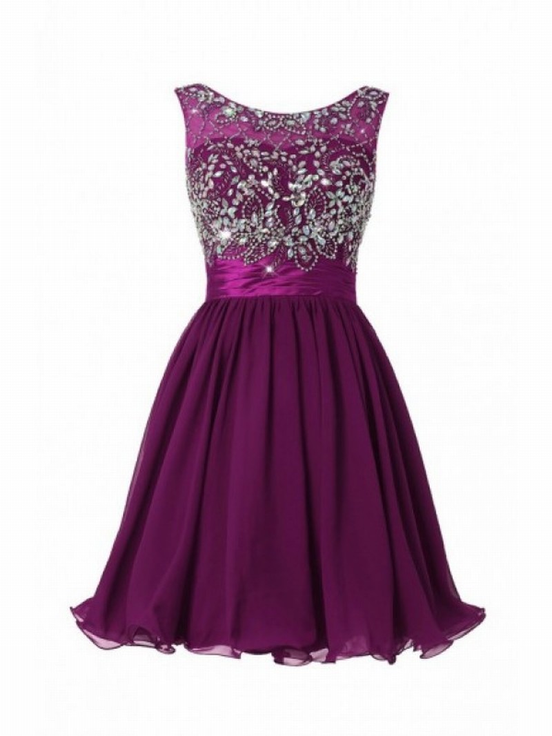 Purple Chiffon Homecoming Dresses Scoop Neck Crystals Women Party Dresses