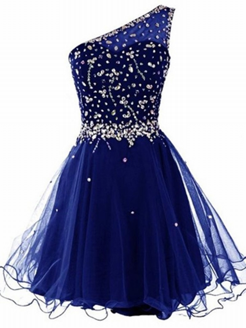 One Shoulder Blue Tulle Homecoming Dresses Crystals Women Party Dresses