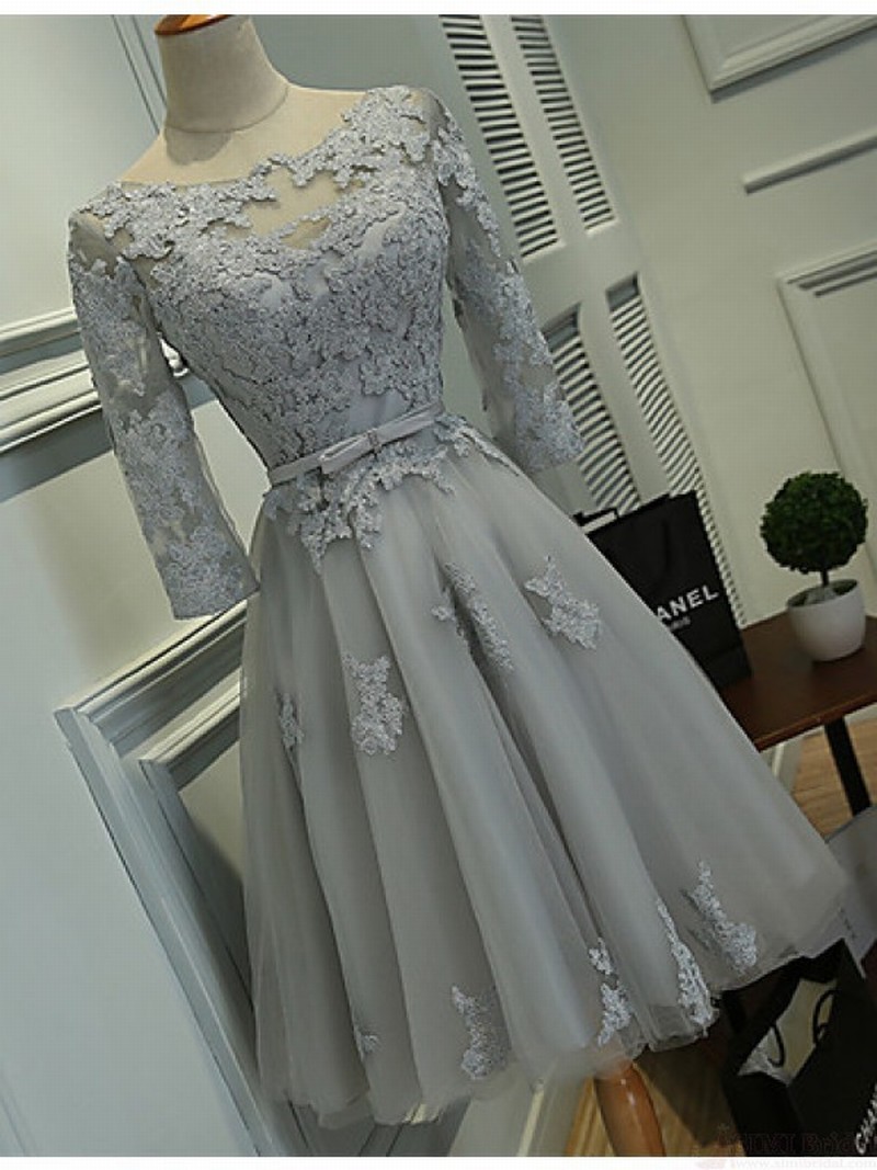 Light Grey Tulle Homecoming Dresses Lace Appliques Women Party Dresses