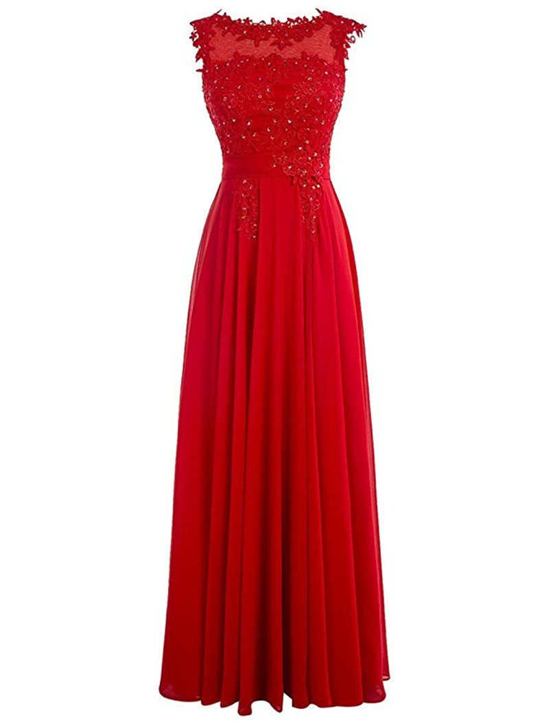 Scoop Neck Long Chiffon Prom Dresses Red Crystals Women Dresses