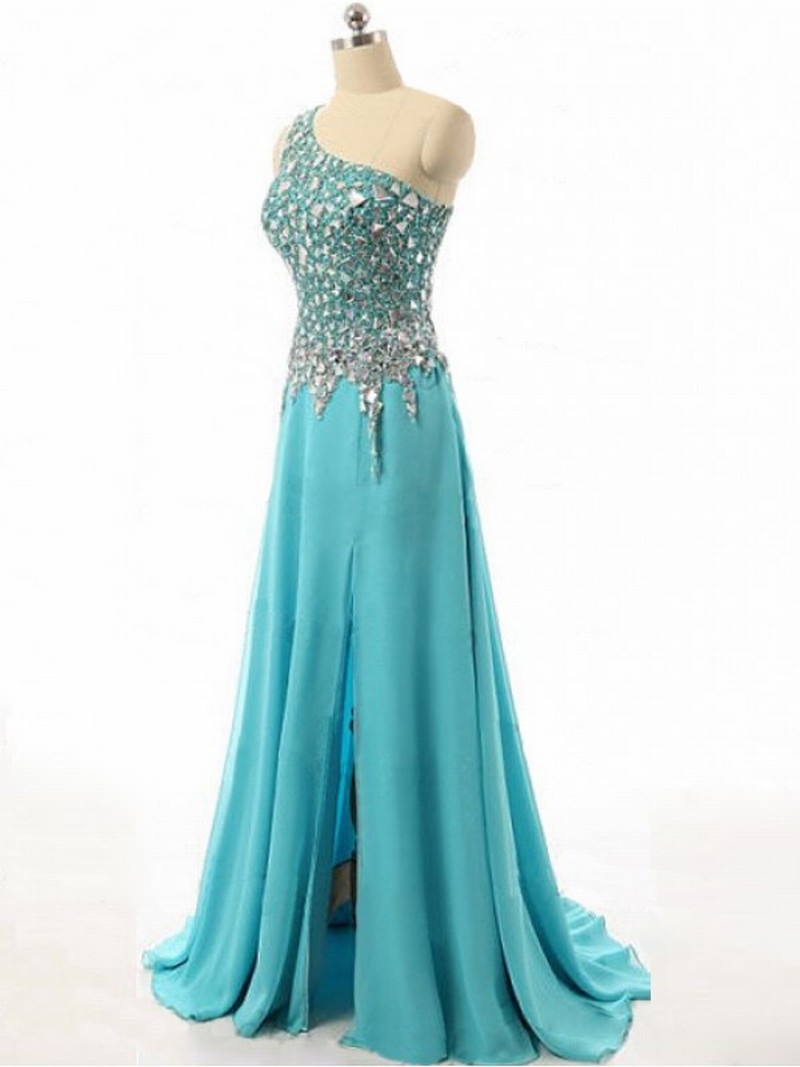One Shoulder Chiffon Prom Dresses Crystals Women Party Dresses