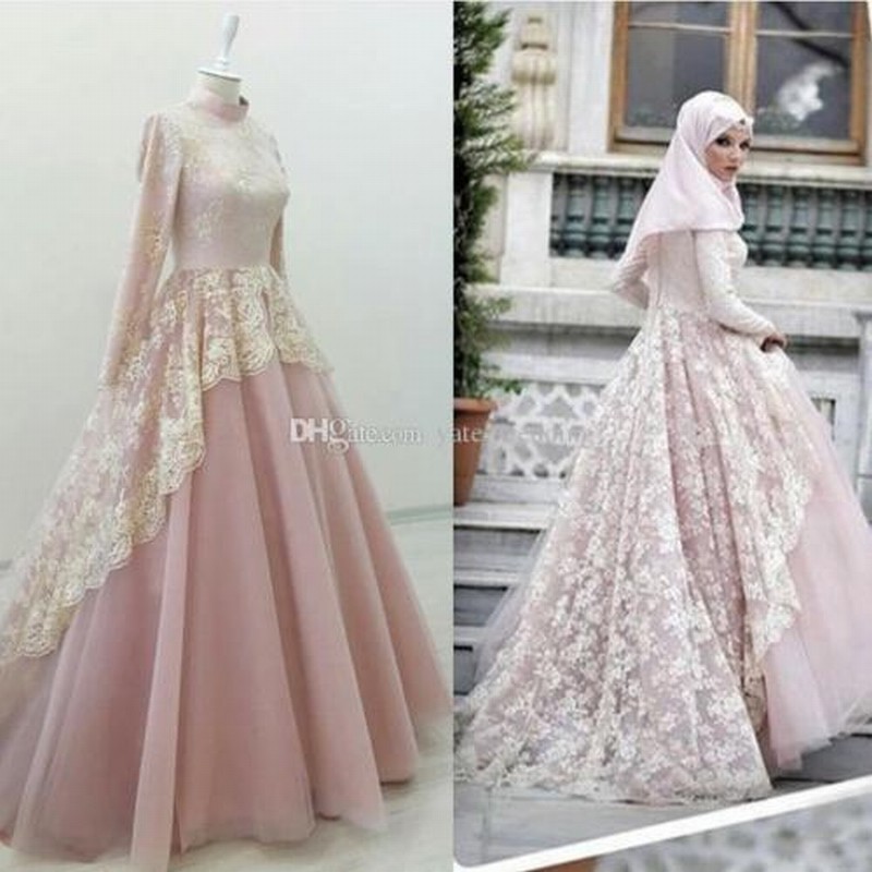 Gorgeous Muslim Evening Dress High Neck Lace Tulle Pink Abaya Kaftan Prom Gown
