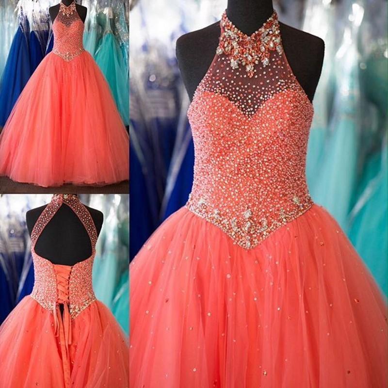 Coral Princess Prom Paty Dress Beaded Halter Ball Gown Quinceanera Dresses