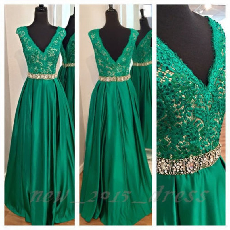 Emerald Green Lace V-neck Long Prom Dress Formal Pageant Evening Gowns Custom