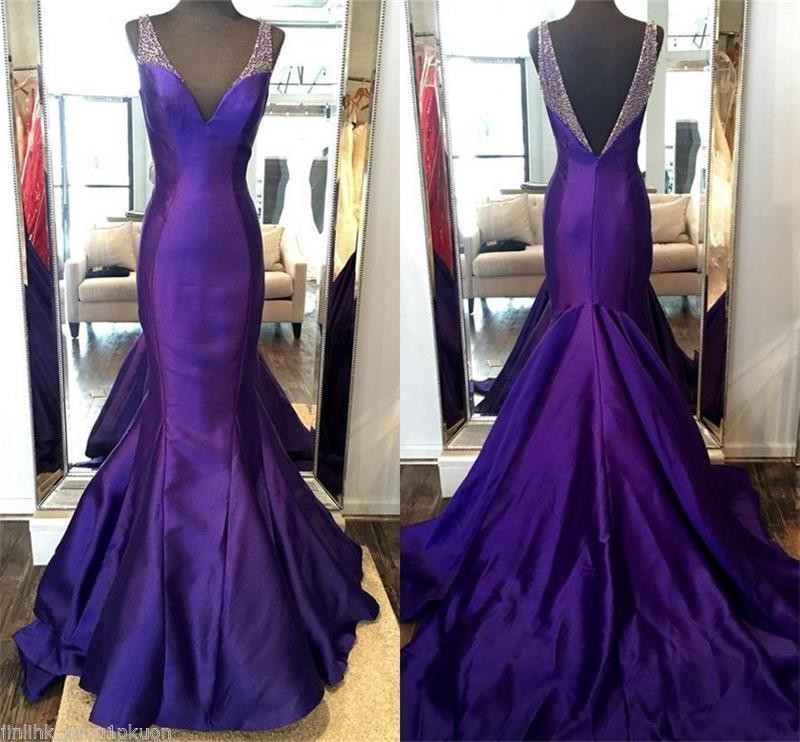 Purple Beaded Mermaid Prom Evening Dresses V Neck Long Pageant Party Formal Gown