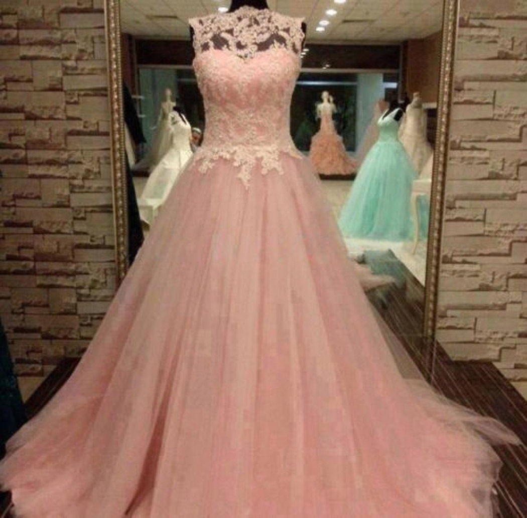 Pink Ball Gown Lace Tulle Pageant Appliques Prom Dress Sweet 16 Quinceanera Gown