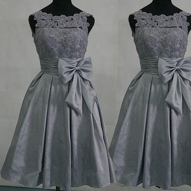 Pretty Grey Satin Handmade Knee Length Bridesmaid Dresses With Bow Grey Bridesmaid Dresses Knee Length Bridesmaid Dresses