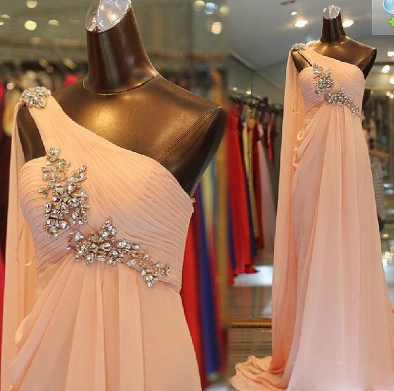 Pretty One Shoulder Pink Chiffon Long Prom Dresses Evening Dress Formal Dress With Beads