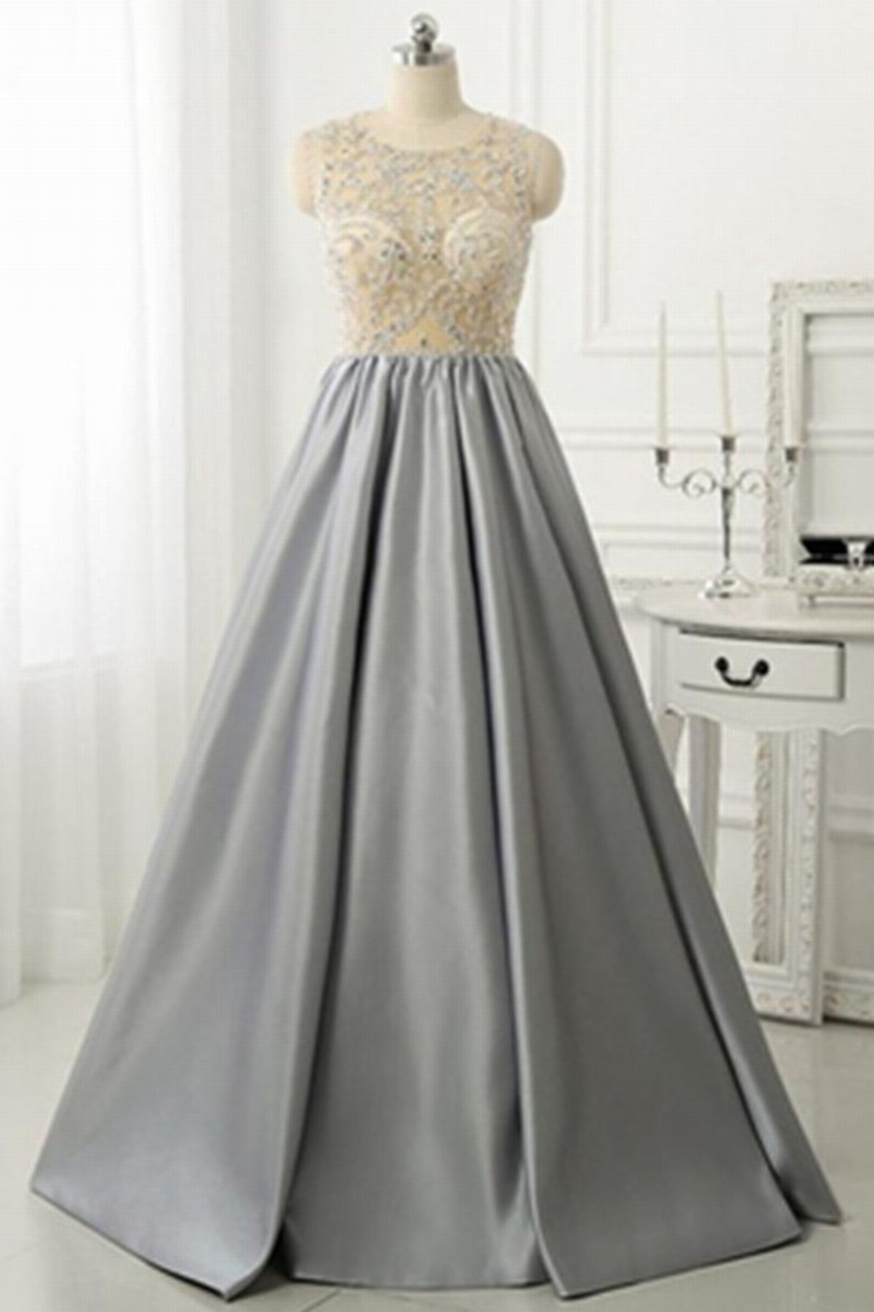 O-neck Grey Satin Prom Dresses Crystals Women dresses