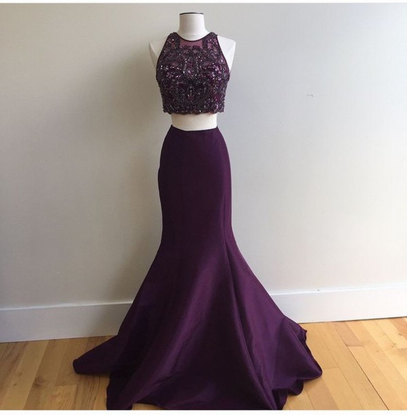 Charming Prom Dress Two Pieces Prom Dress Mermaid Prom Dress Satin Prom Dress Beading Evening Dress
