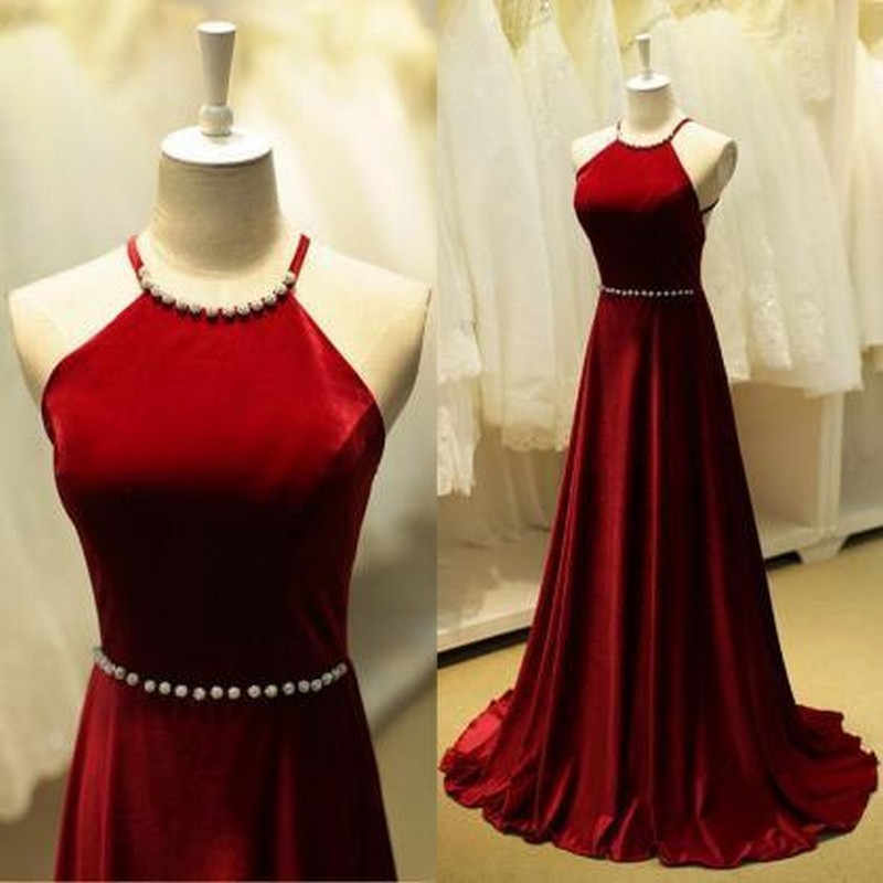Red Prom Dress A-line Prom Dress Satin Prom Dress Halter Prom Dress Backless Prom Dress