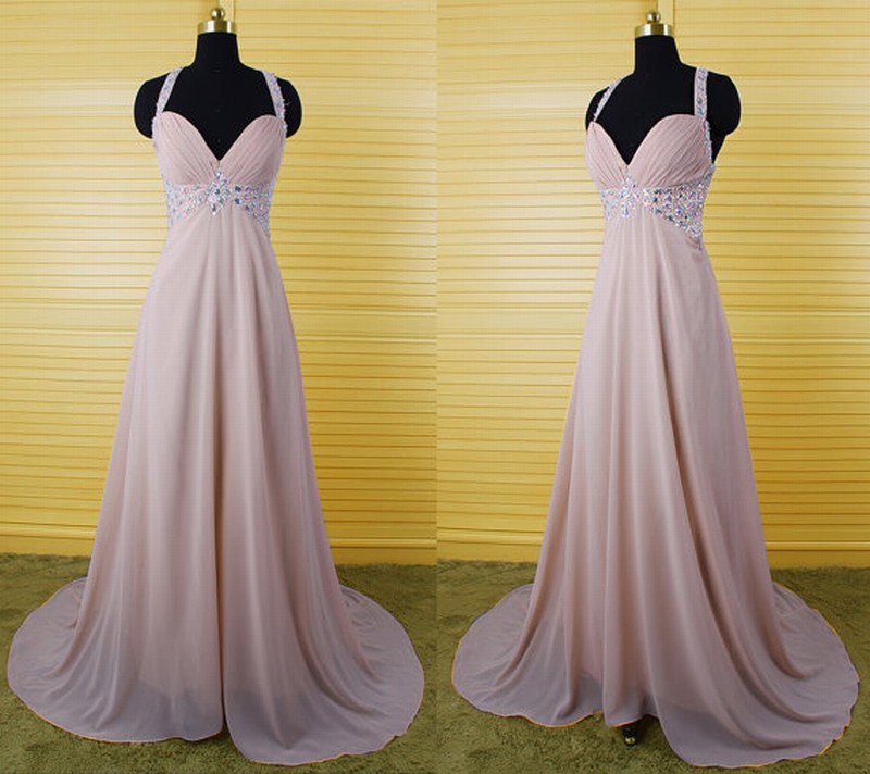 Halter Ruched Beaded Chiffon A-line Long Prom Dress, Evening Dress