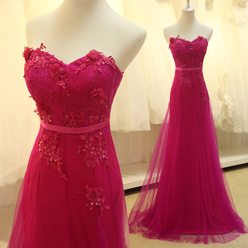 Custom Made Rose Red Tulle Long Prom Dress With Lace Applique Delicate Formal Dresses Evening Gowns