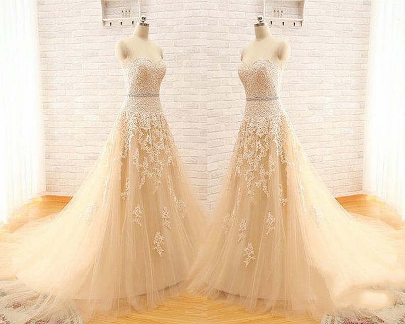 New Arrival A Line Custom Made Sweetheart Strapless Elegant Tulle Lace Light Champagne Wedding Dress Wedding Gown Bridal Dress Wedding Dresses Charming A-Line Wedding Dress Ball Gown