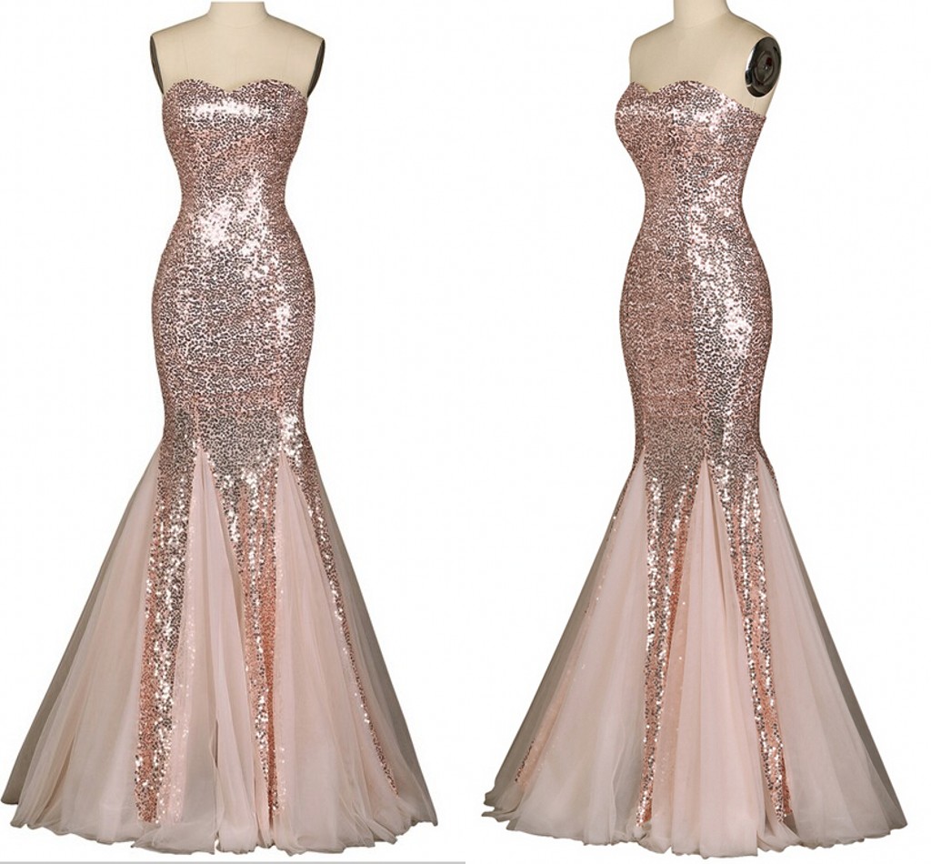 Nude Pink Women Party Dresses Real Mermaid Sexy Sweetheart Floor Length Sequins Tulle Lace Up Evening Dress Prom Gowns