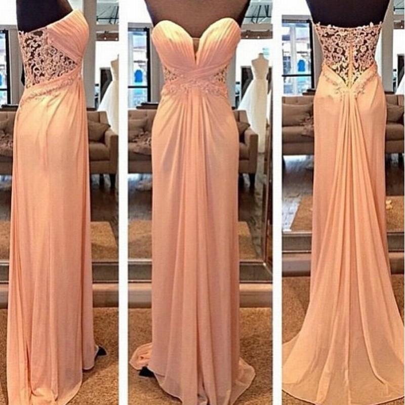 Strapless Sweetheart Lace Appliqués Ruched Floor-length Prom Dress, Evening Dress