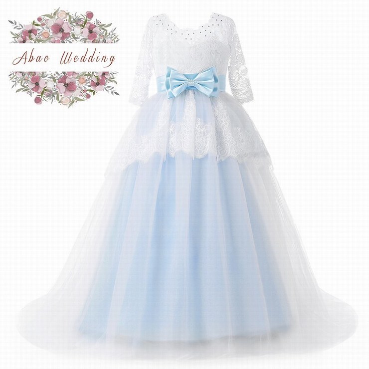 Abaowedding Long Blue Flower Girl Dresses With Half Sleeves Girls Pageant Ball Gown Dress Floor Length Kids Prom Dress Ytz210