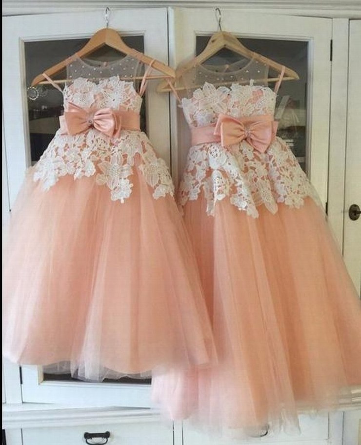 Princess Lace Flower Girls Dress Pink Ball Gown Tulle China First Communion Dresses Ytz280