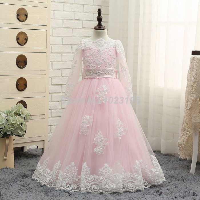 Pink Flower Girl Dresses White Lace Long Sleeves Princess Dress Ball Gown Ytz311 (1)