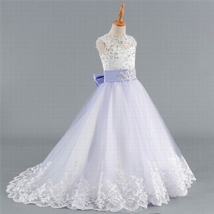 Blue Flower Girl Dresses For Weddings Ball Gown Cap Sleeves Tulle Lace Crystals First Communion Dresses For Little Girls St06 (1)