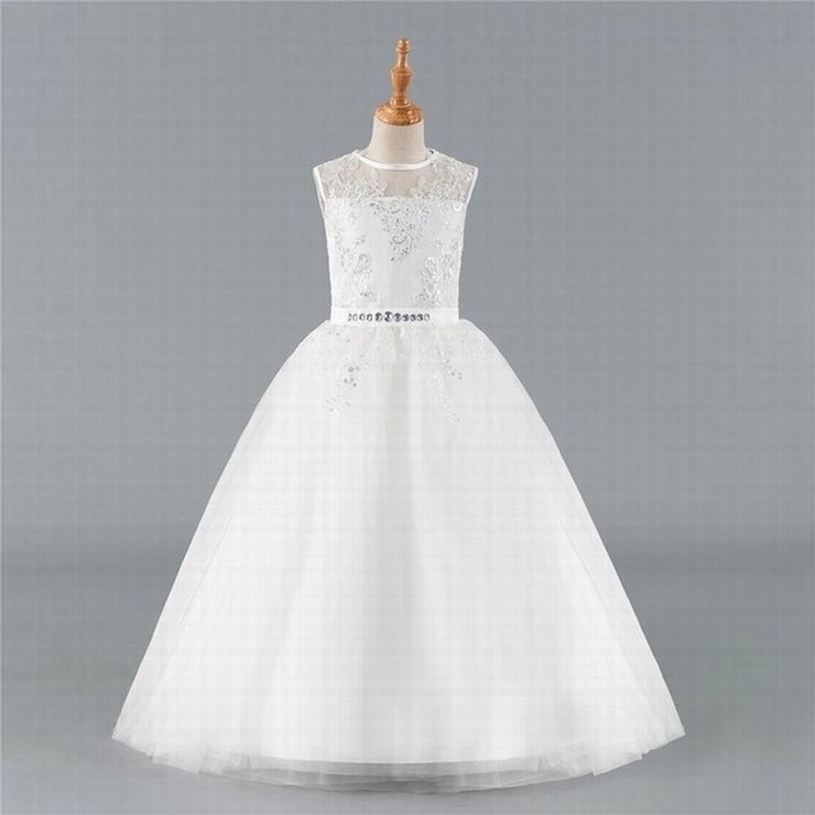 Kids Flower Girl Dresses For Weddings A-line Cap Sleeves Tulle Bow Lace Crystals First Communion Dresses For Little Girls St07 (1)
