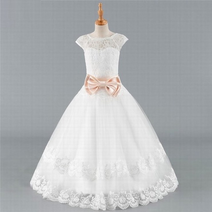  Flower Girl Dresses For Weddings Ball Gown Cap Sleeves Tulle Lace Bow First Communion Dresses For Little Girls st09 