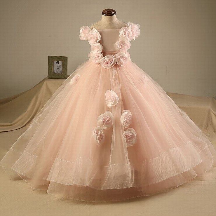 Lovley Princess Flower Girls Dresses With Flowers Long Pageant Dress Kids Party Dress Ball Gowns Pink Custom St147 (1)