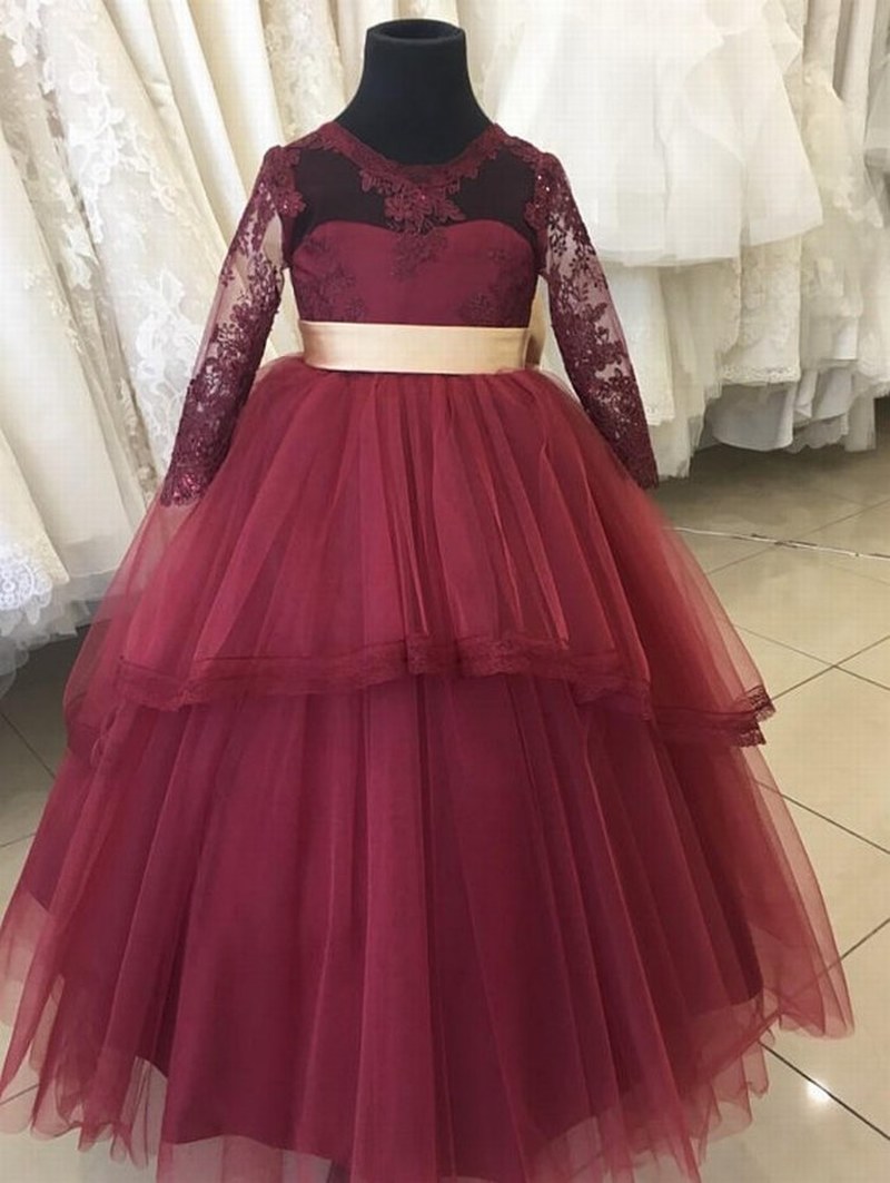 Burgundy And Gold Flower Girl Dress With A Back Bow Xk95 (1)