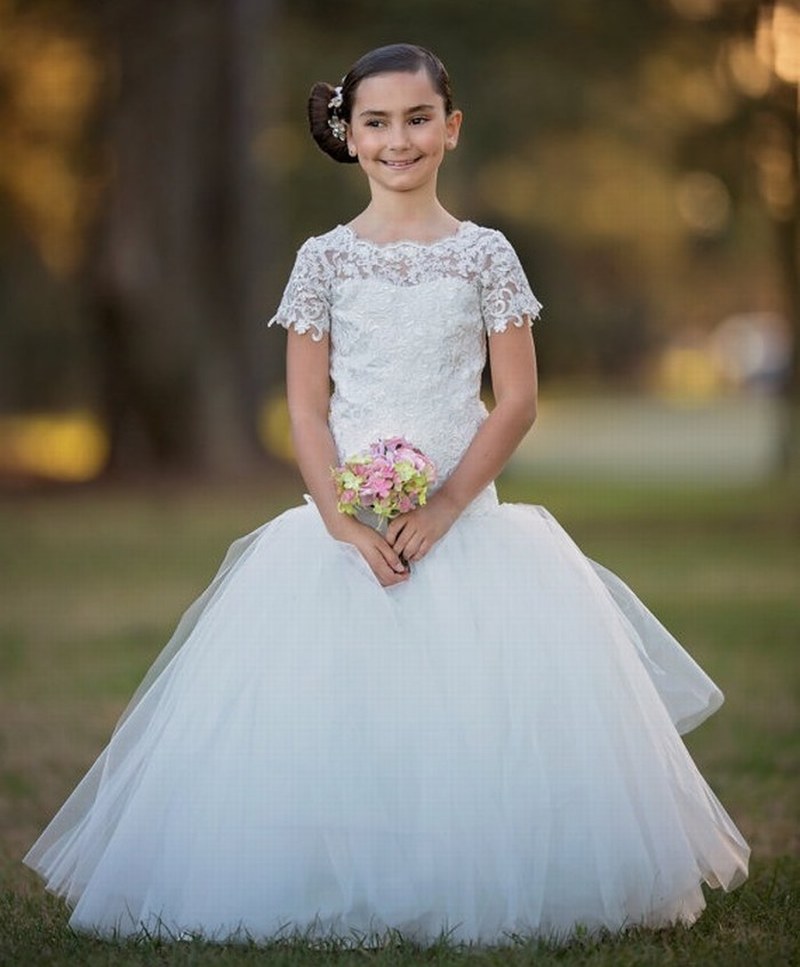 Short Sleeve Lace Tulle Mini Bride Mermaid Style Flower Girl