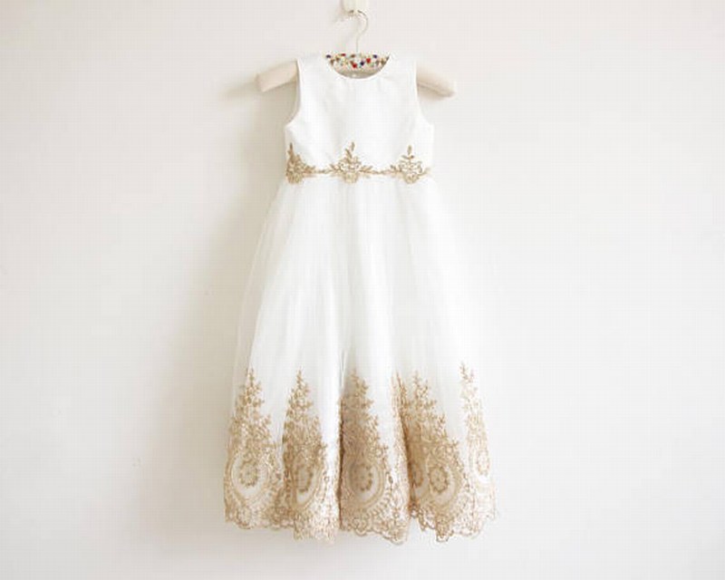 Flower Girl Dress With Gold Embroidery Floor Length Baby Girl Dress Waist Embroidery Flower Girl Dress Xk108 (1)