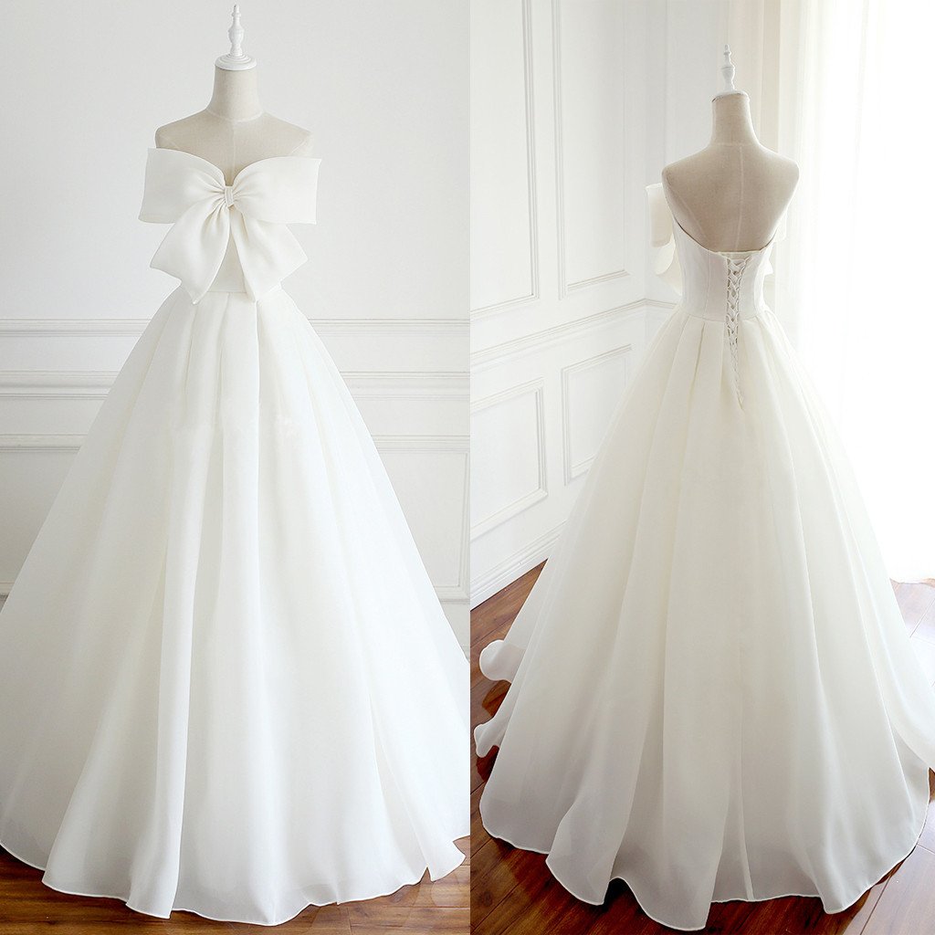 Elegant Big Bows White Wedding Dress Long Evening Prom Dresses With Bows Wedding Party Birthday Dresses 18lf08