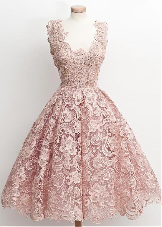 Tea Length Pink Fashion Prom Gown Lovely Lace Scoop Neckline Aline Dresses 18lf26 on