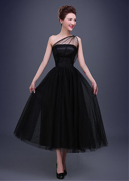 Black Tea Length Formal Prom Gown Elegant Dot Tulle One-shoulder Neckline A-line Evening Dress 18lf28