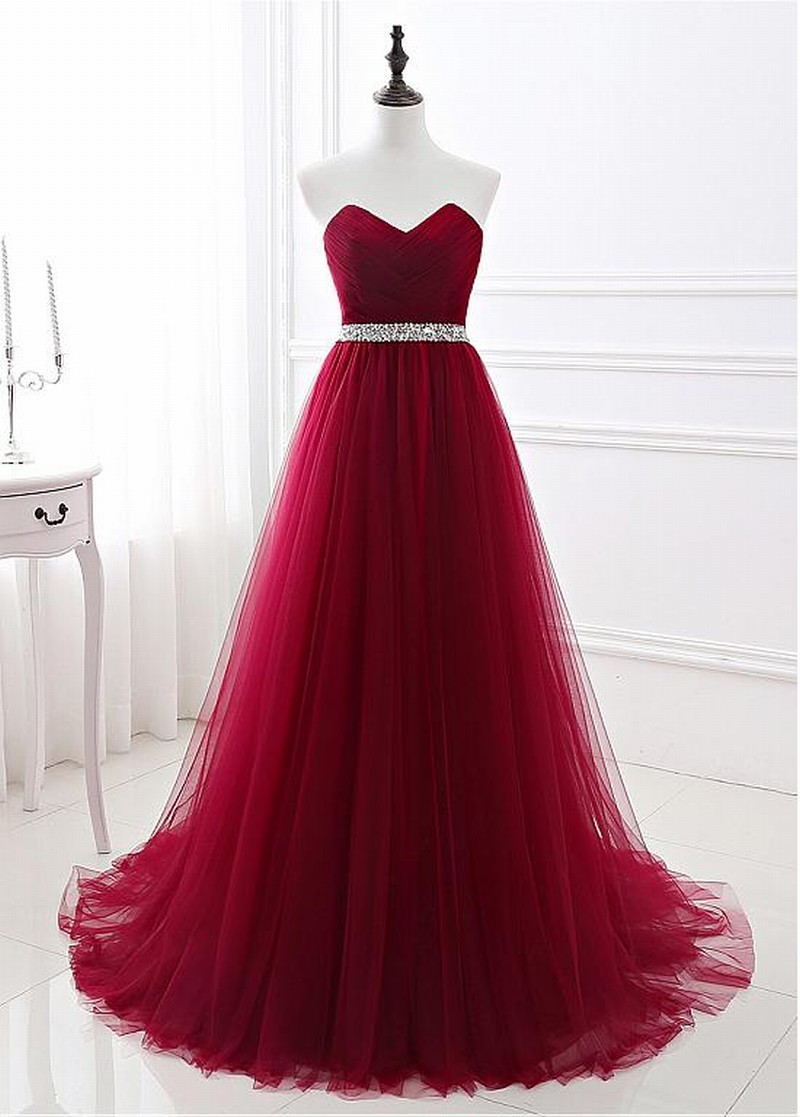 Red Alluring Tulle Sweetheart Neckline Floor-length A-line Prom Dresses With Beadings 18lf31