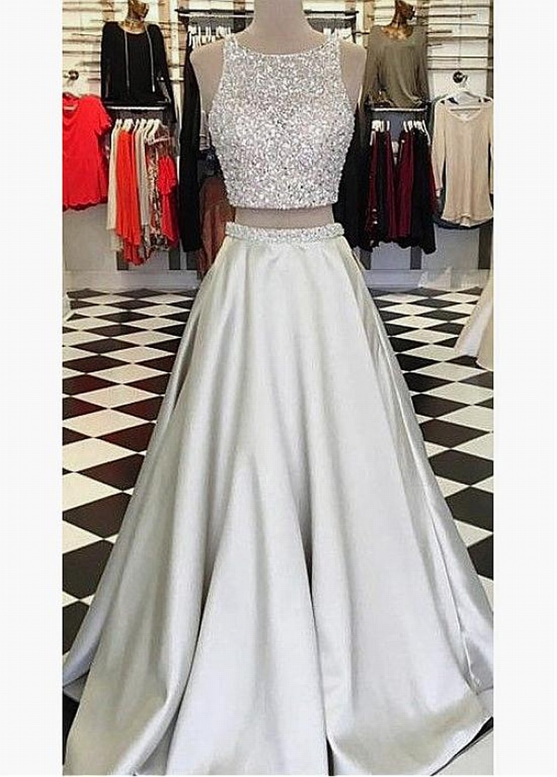 A Line Tulle and Satin Jewel Neckline Beadings Evening Dress With Handmade Flowers and Pockets LBQ3132 main image 1