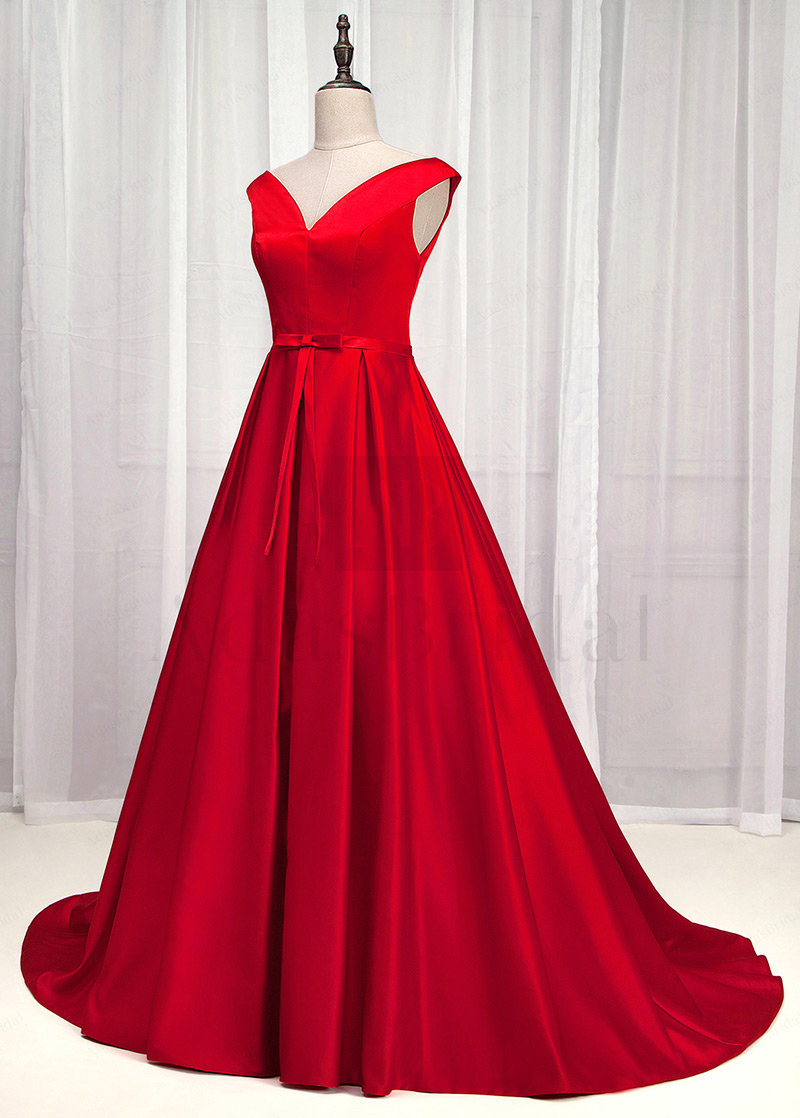 Exquisite Satin Off-the-shoulder Neckline A-line Prom Dress With Bowknot 77