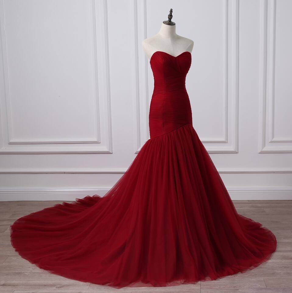 2019 Plus Size Elegant Burgundy Mermaid Evening Dresses Strapless Sweetheart Sleeveless Floor Length Lace Up Prom Dresses 82